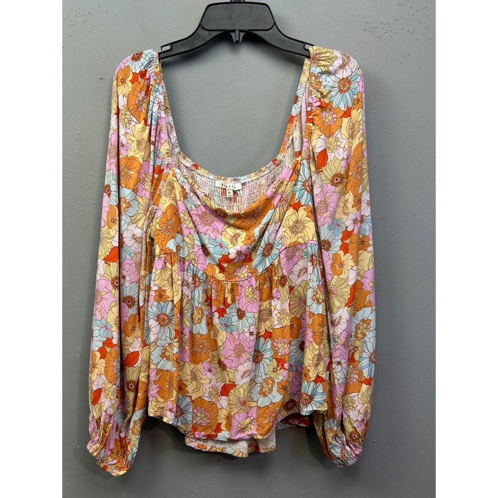 BaeVely Blouse Womens Medium Orange Floral Square Neck Long Sleeve Smocked Top